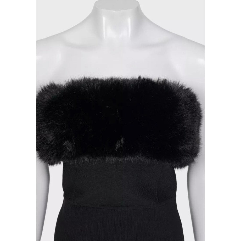 Saint Laurent Black Wool faux Fur-Trim Sleeveless Dress - Size M Pre-owned