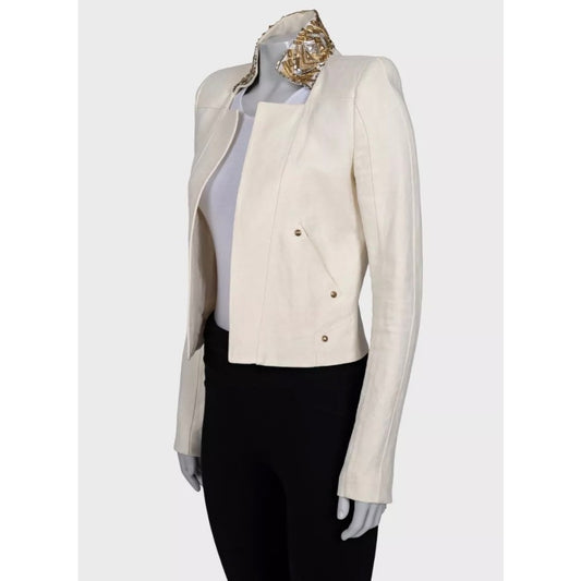 Balmain White Linen Crystal Trim Jacket - Size M (FR38) pre-owned