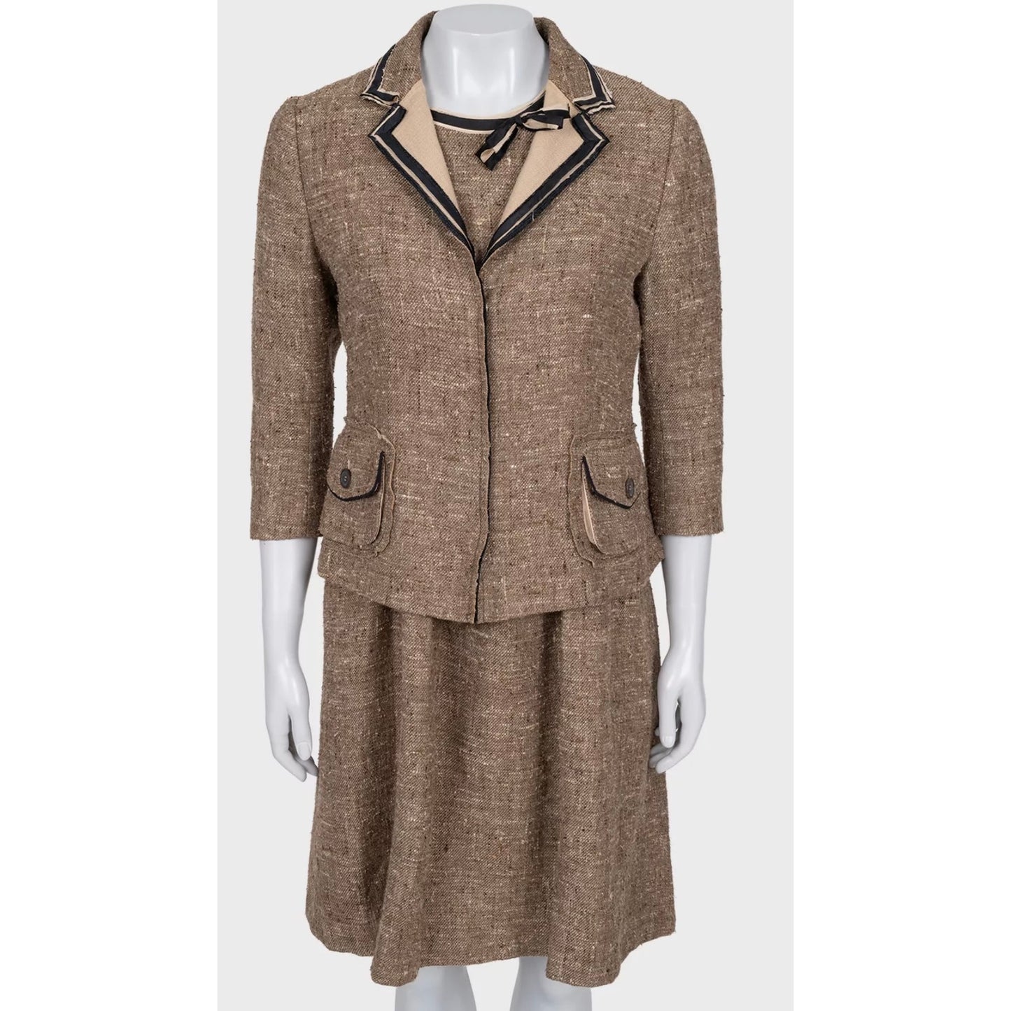 Elegant Prada Brown Silk Blend Dress & Jacket Set Sz.44 Pre-owned