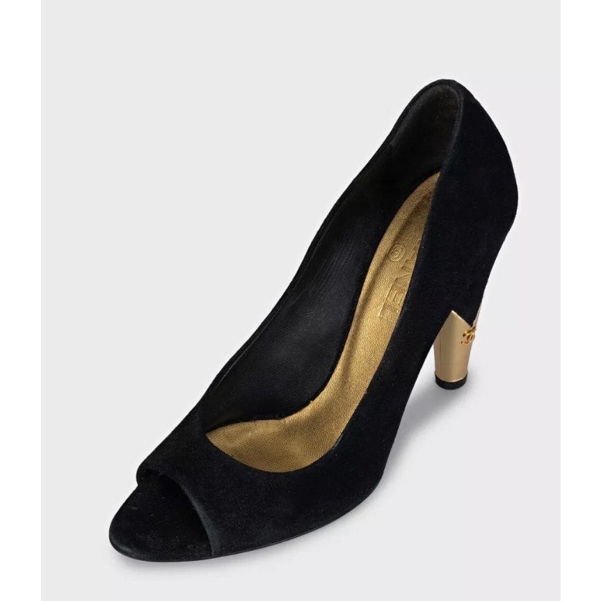 Chanel Black Suede Gold Accent Open Toe Pumps Sz 40 Pre-owned