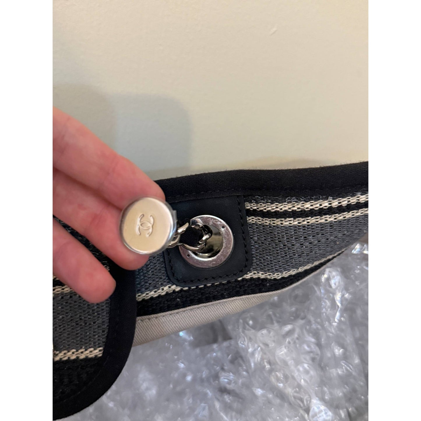 Chanel Deauville Striped Cloth Large Tote Bag Pre-owned