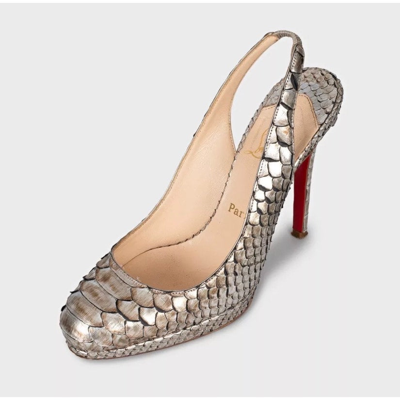 Christian Louboutin Silver Lambskin Slingback Heels Sz.37 pre-owned