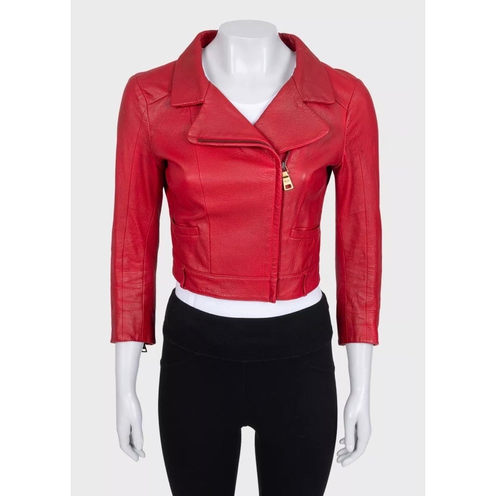 Prada Red Lambskin Cropped Jacket w/ Gold Hardware Sz.42 Pre-owned