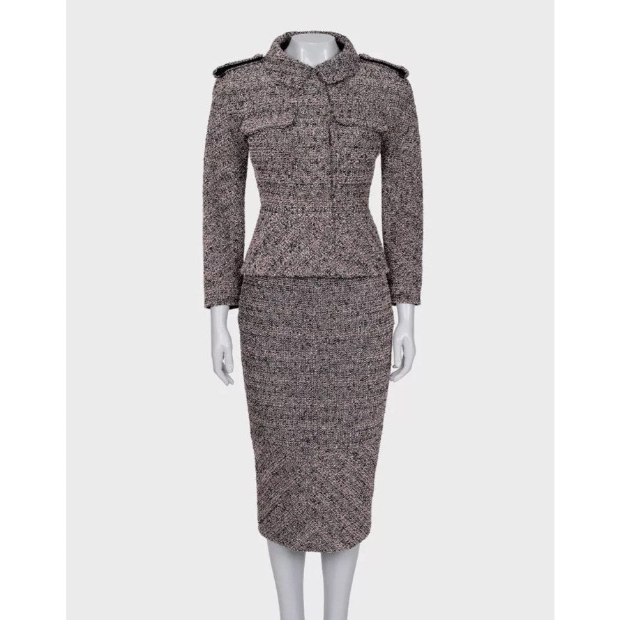 Chanel 2016 Pink Black & Silver Bouclé Wool Skirt Jacket Suit FR38 Pre-owned