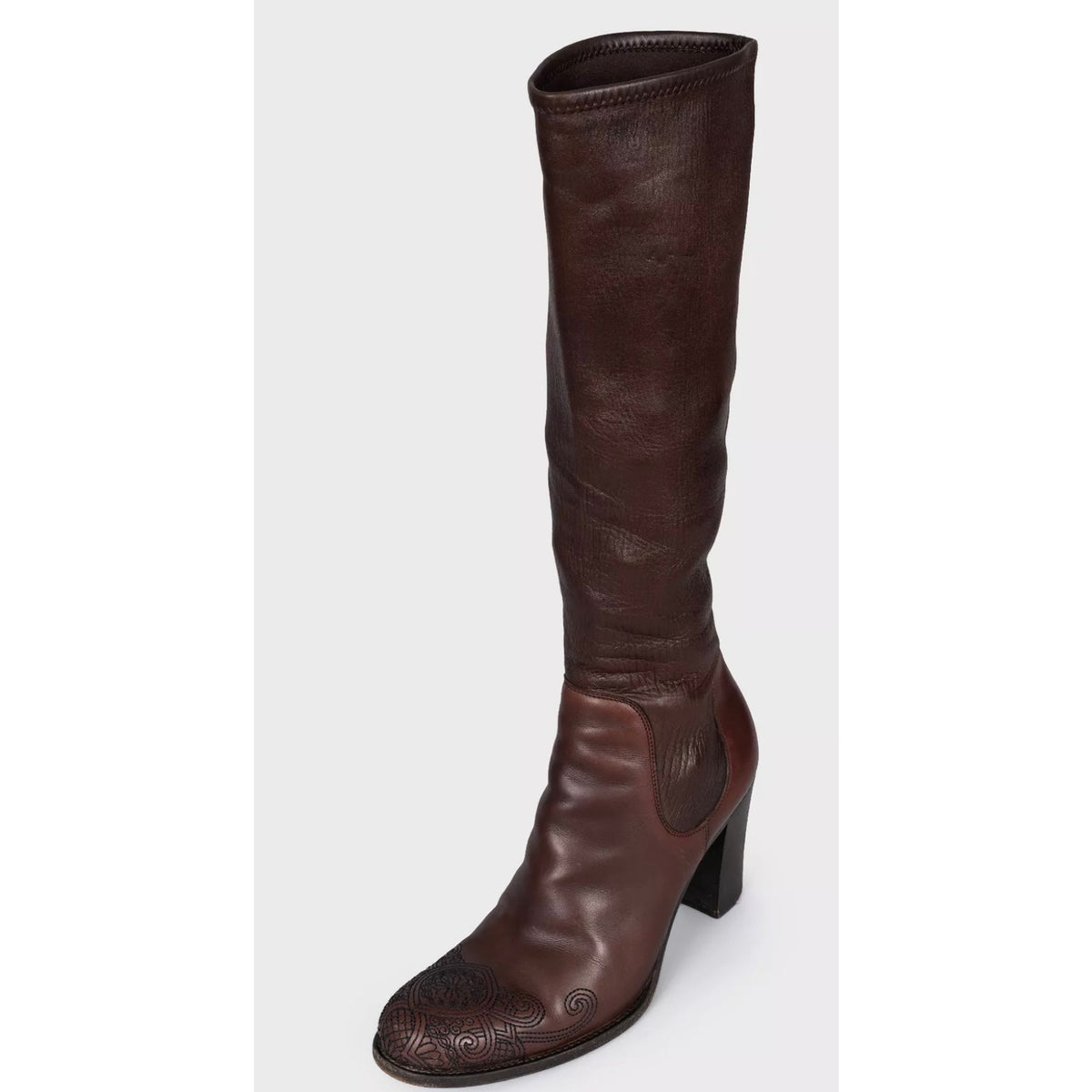 Prada Brown Leather Embroidered Toe Knee High Boots Size 35.5 Pre-owned