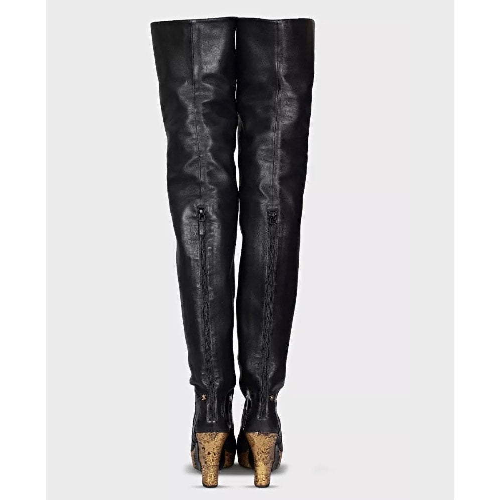 Chanel Paris-Moscow Black Leather Over-the-Knee Wedge Boots - Size 37.5 Pre-owned