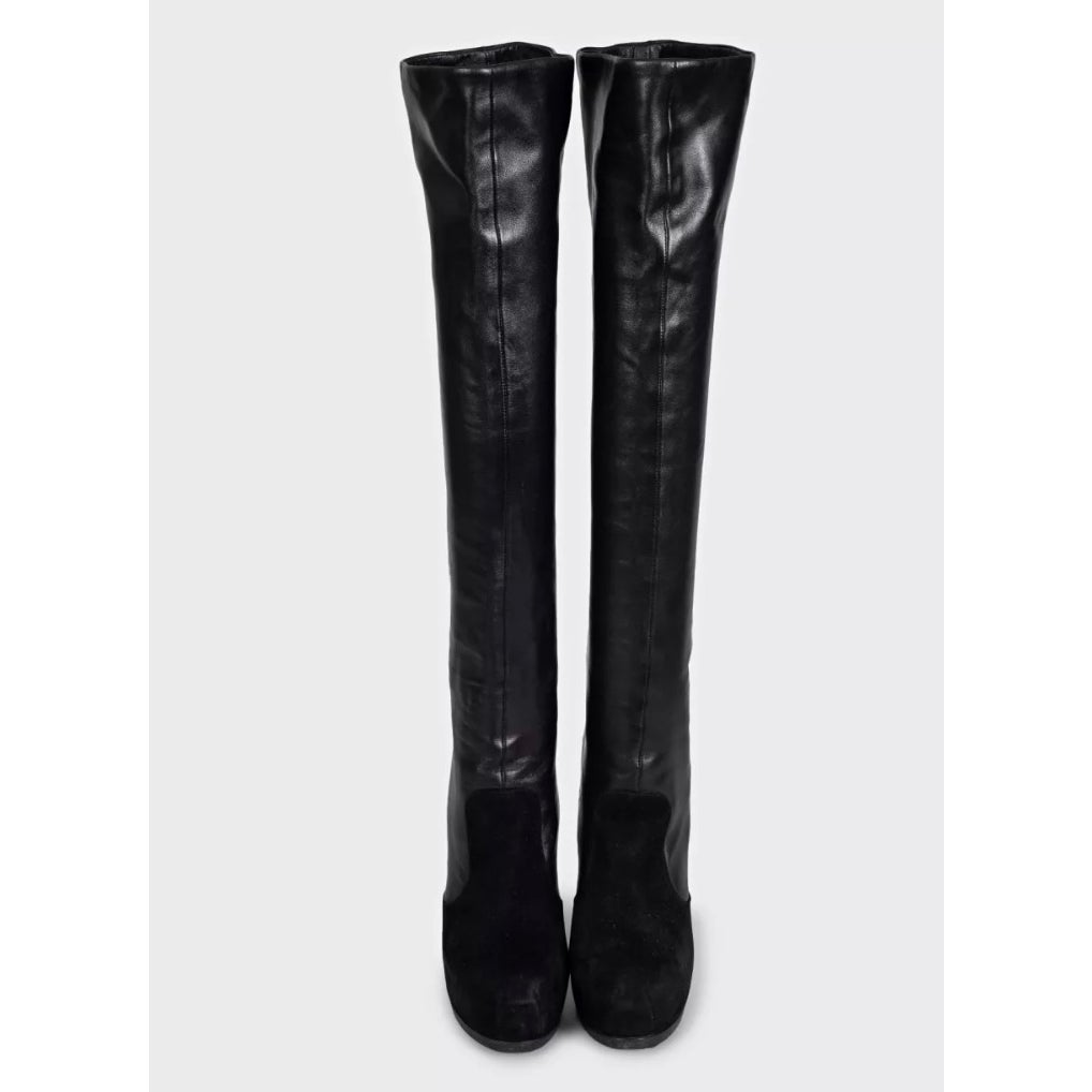 Saint Laurent Black Leather Suede Knee-High Stiletto Boots Sz.39 Pre-owned