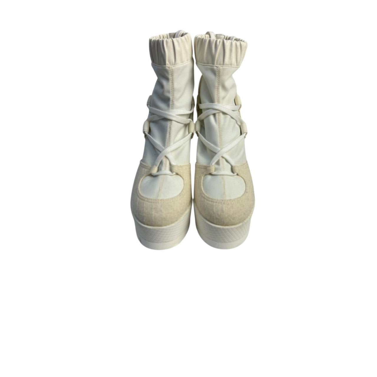 Chanel Off White Patent Leather Neoprene Wedge Boots - 38.5 Pre-owned