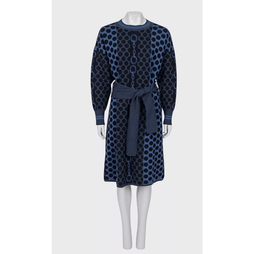NWOT Hermès Navy Blue Wool Polka Dot Oversized Dress EU 34 XS pre-owned
