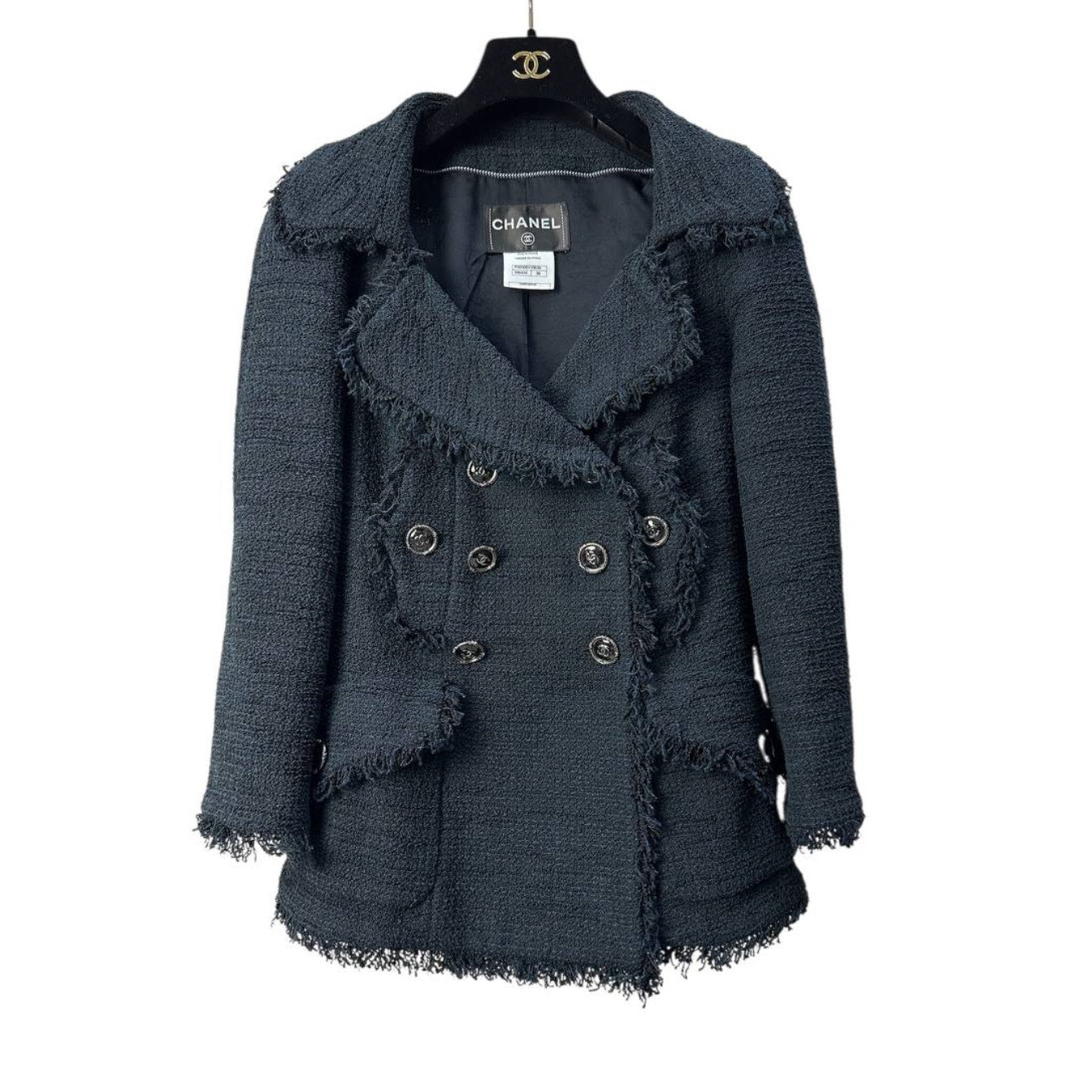 Chanel Paris Seul CC Buttons Timeless Black Tweed Jacket, Size 38 pre-owned