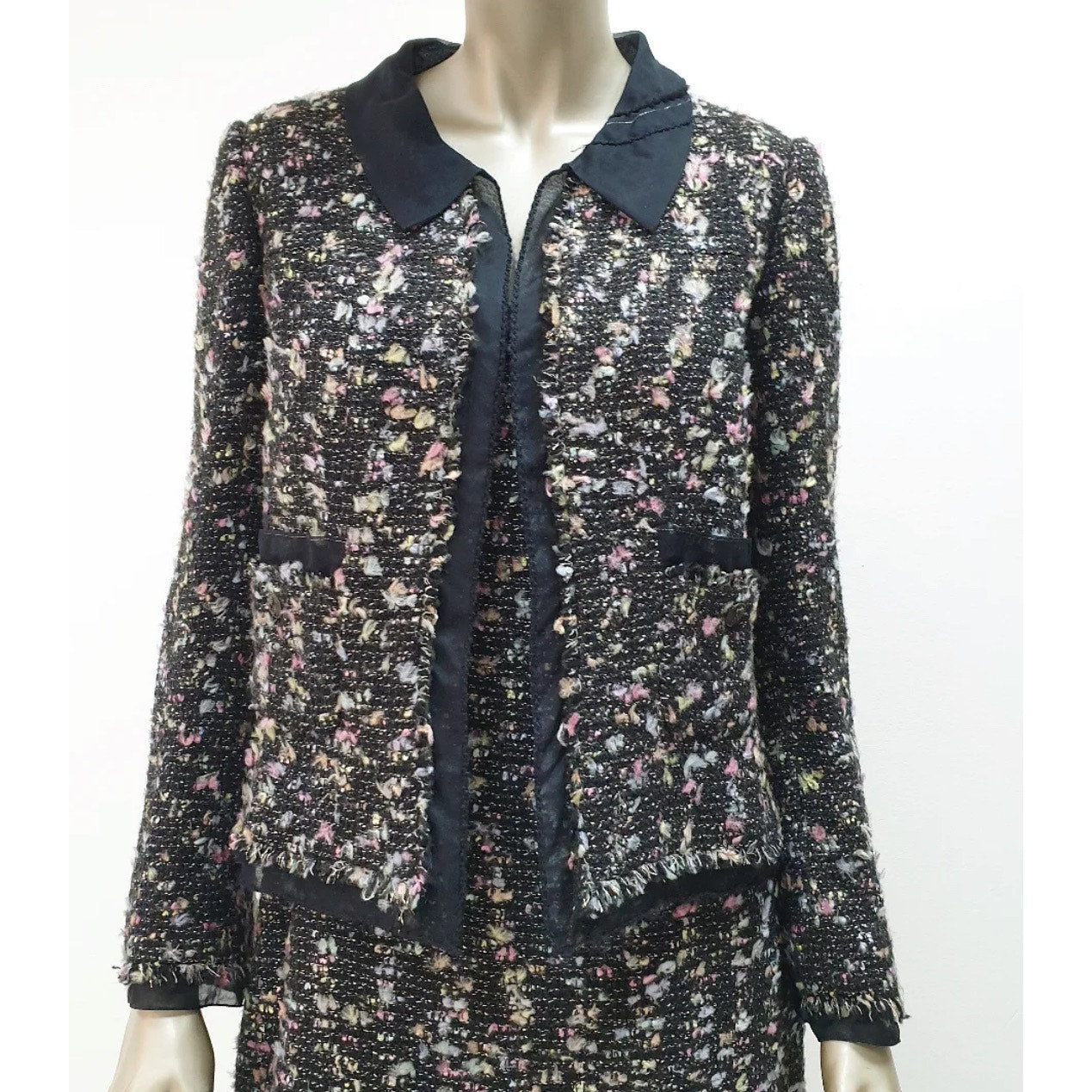 Chanel 04A Chiffon Trim Ribbon Tweed Dress Jacket Suit Sz.44 Pre-owned