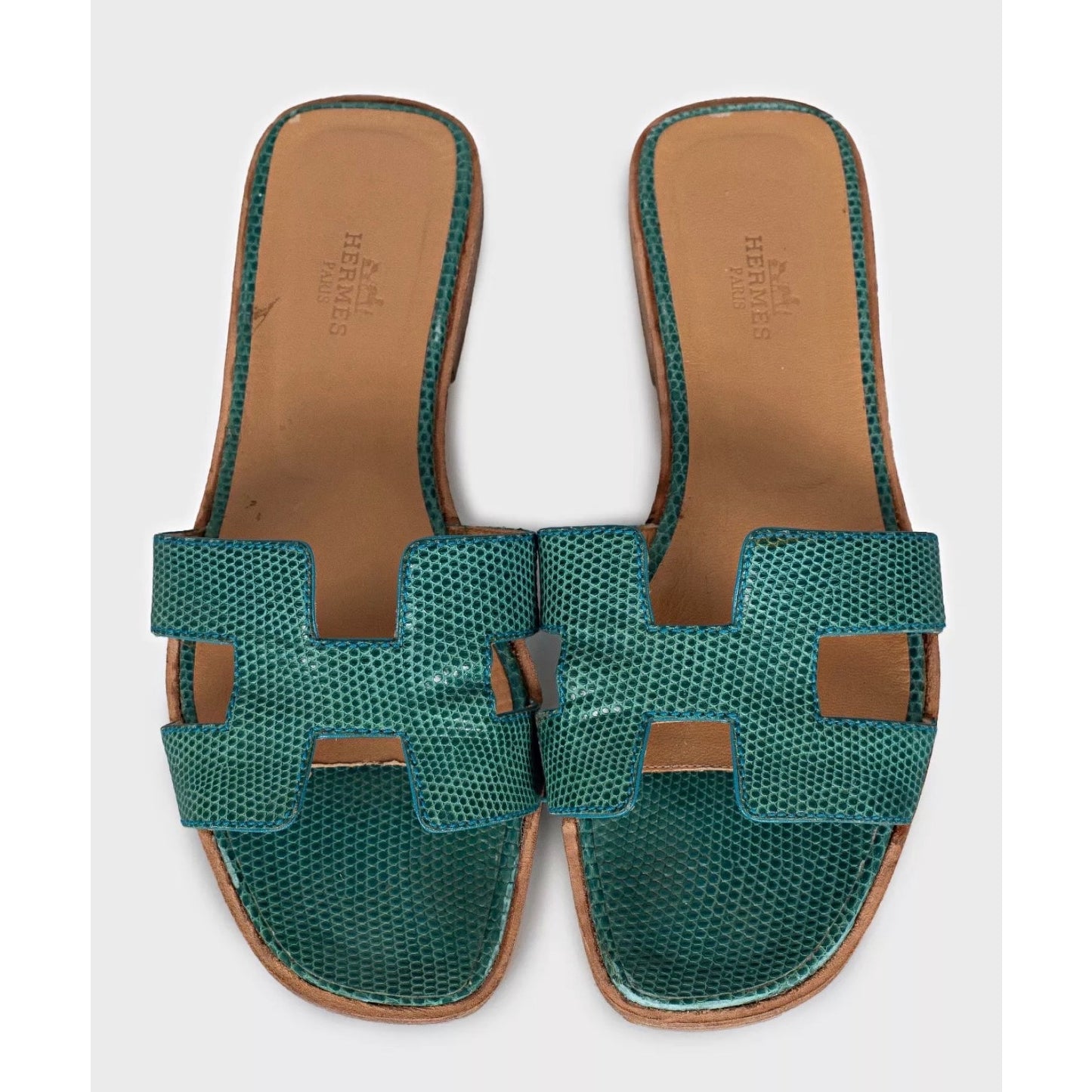 Hermès Oran Green Lizard Prinr Lambskin Leather Sandals - Size 37 Pre-owned