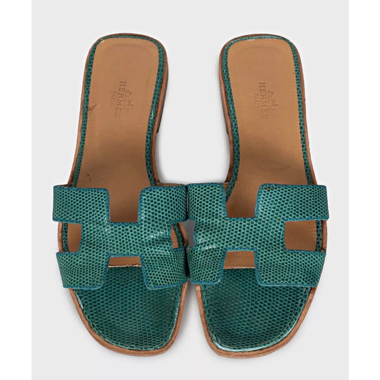 Hermès Oran Green Lizard Prinr Lambskin Leather Sandals - Size 37 Pre-owned