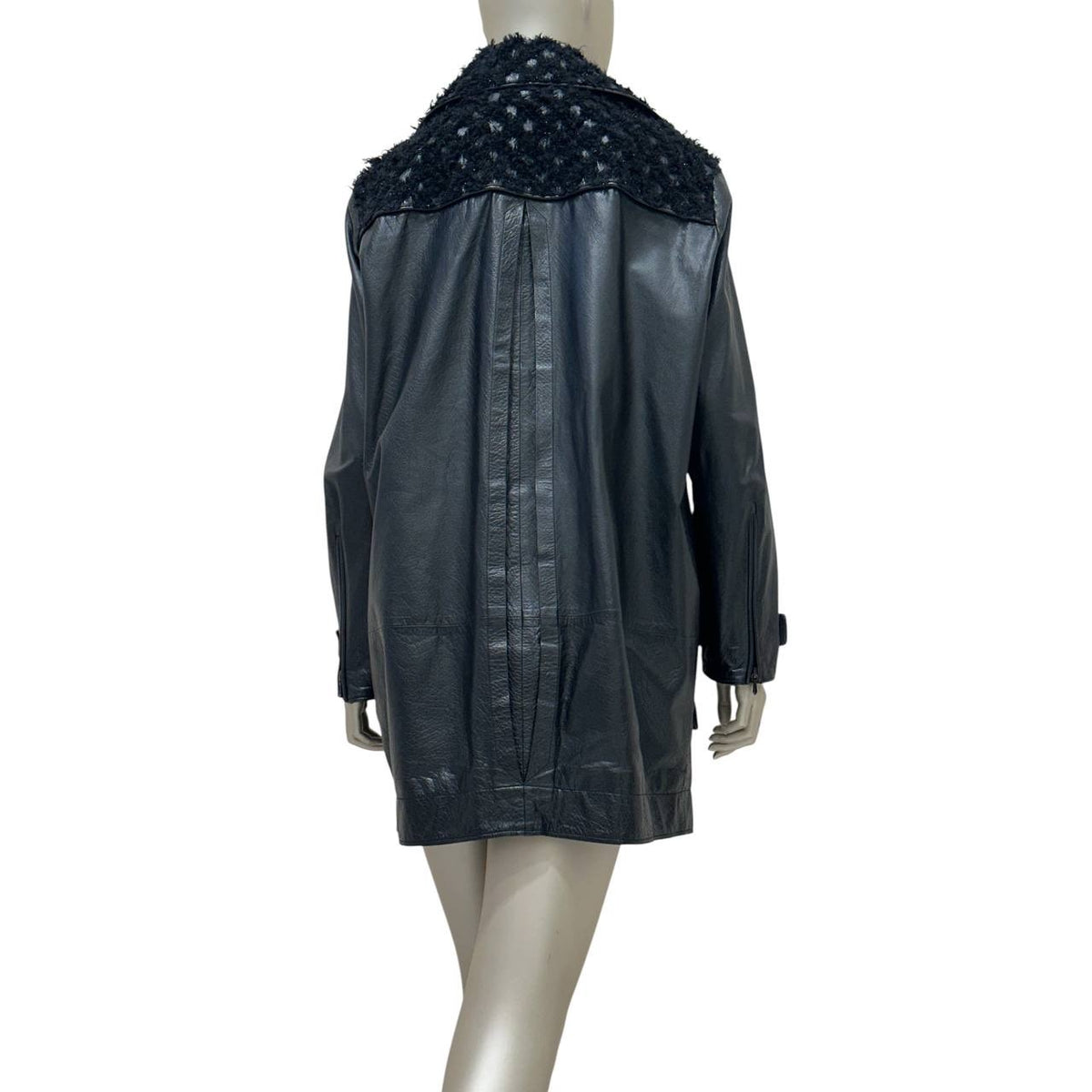 CHANEL Vintage Black Leather Bouclé Trim Jacket Sz. 42-44 Pre-owned