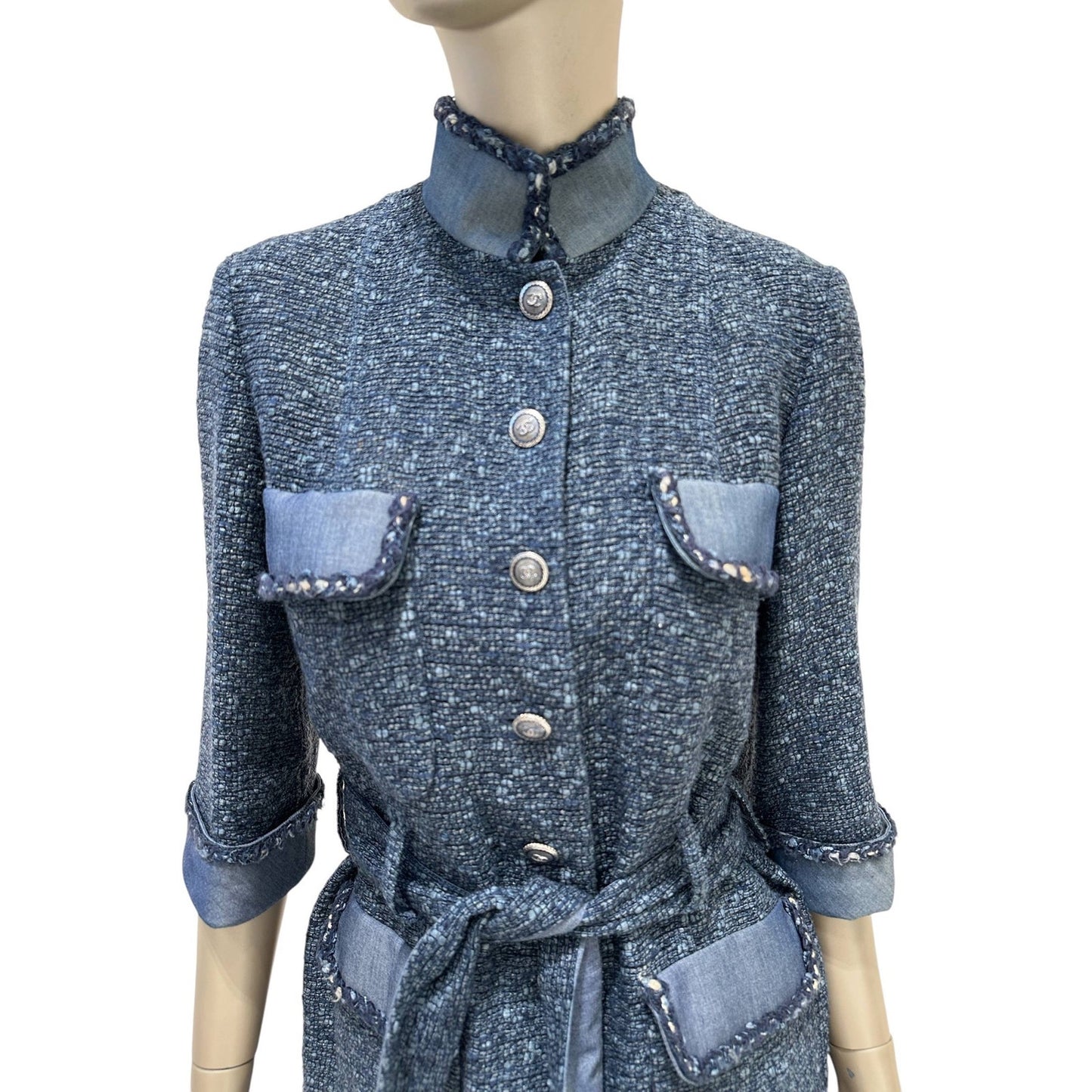 Chanel Spring 2012 Blue Tweed & Denim Belted Jacket FR 38 Pre-owned
