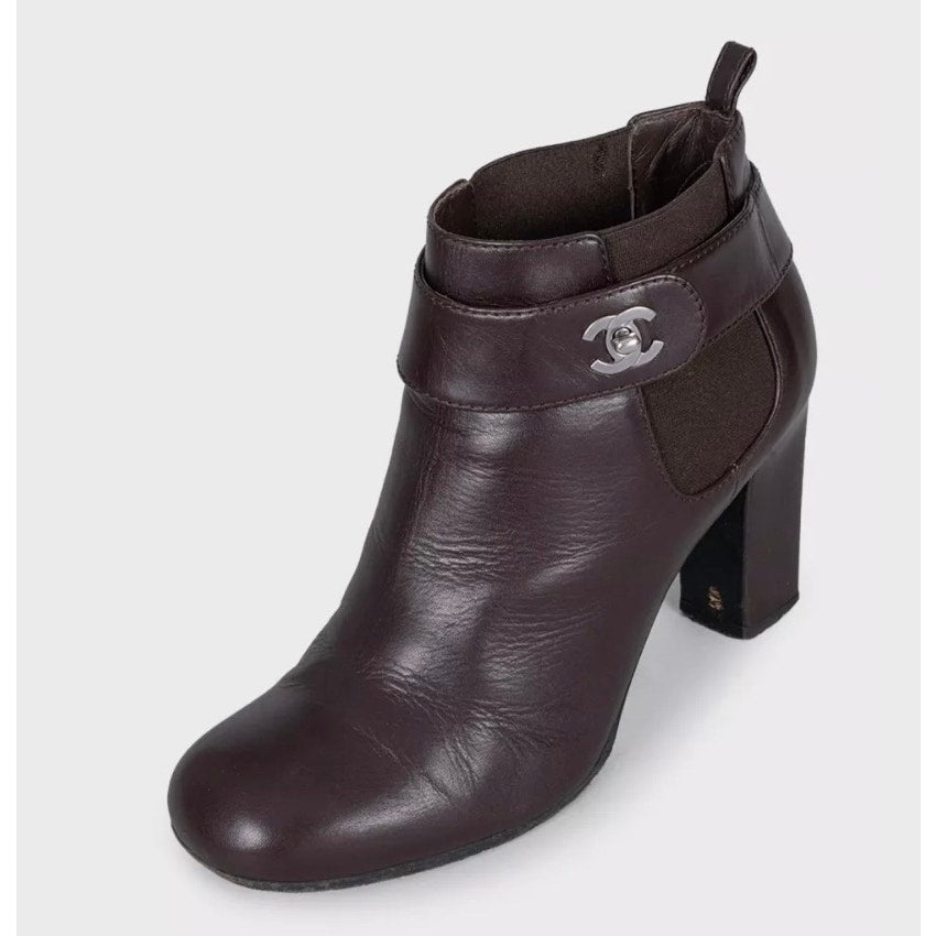 Chanel Brown Leather Ankle Boots, Silver Logo, Size 38 pre-owned