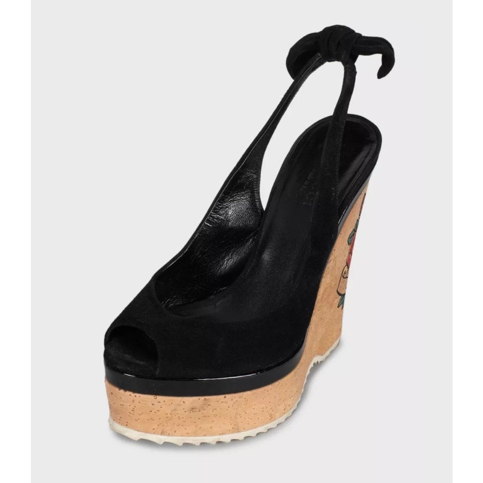 Gucci Black Suede Printed Wedge Sandals - EU 35 Pre-owned