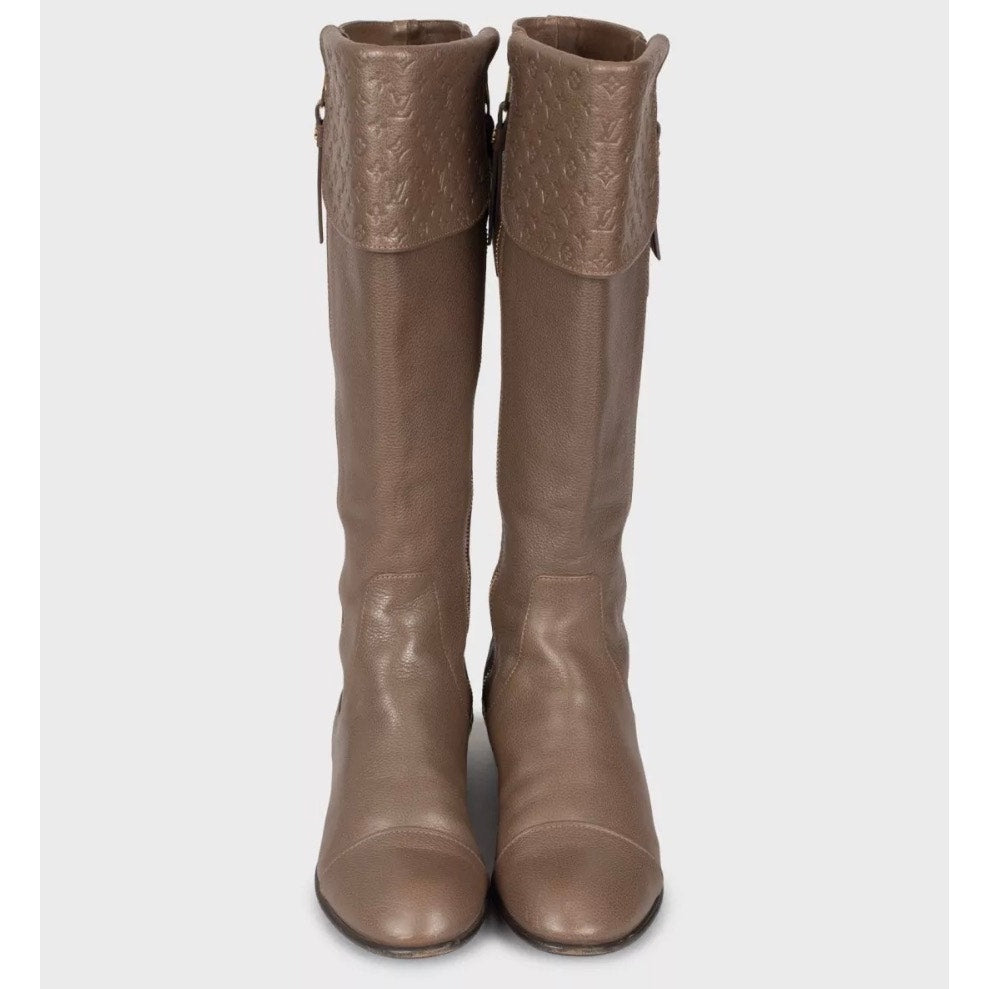 Louis Vuitton Brown Leather Knee Boots Gold Zippers 37.5 Pre-owned