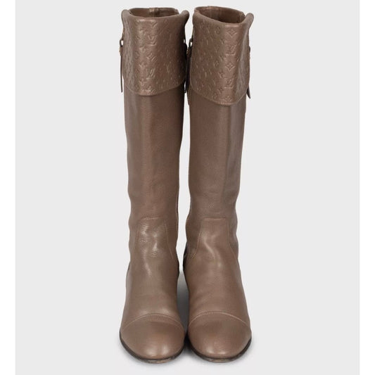 Louis Vuitton Brown Leather Knee Boots Gold Zippers 37.5 Pre-owned