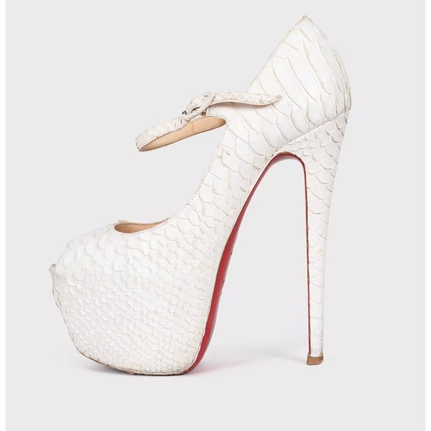 Christian Louboutin White Snakeskin print lambskin Peep Toe Pumps Sz.37.5 pre-owned