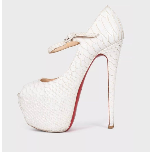 Christian Louboutin White Snakeskin print lambskin Peep Toe Pumps Sz.37.5 pre-owned