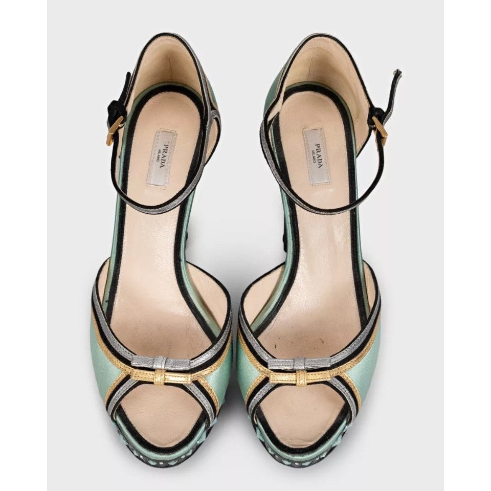 Prada Light Blue Textile Heeled Sandals with Crystal Heel Sz.37.5 Pre-owned