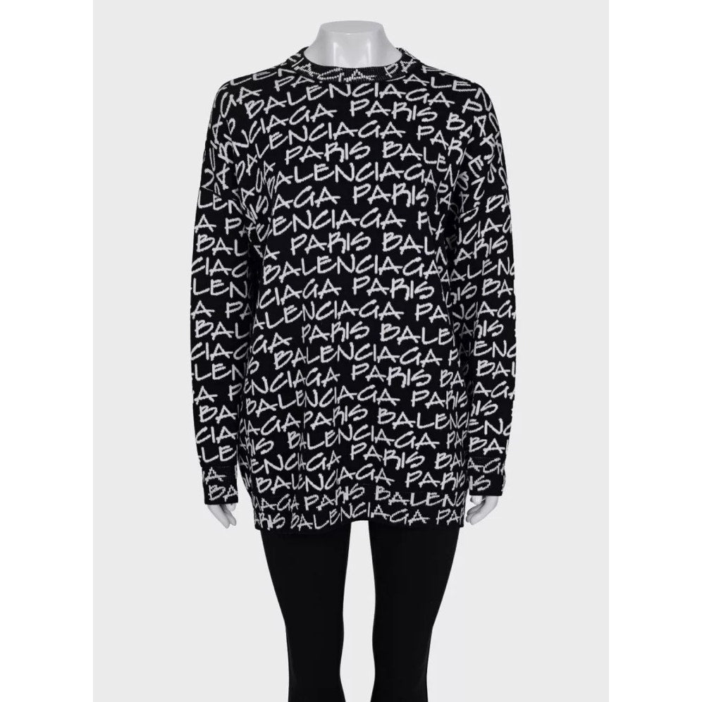 Balenciaga Black Oversize Logo Print Wool Sweater sz.S pre-owned