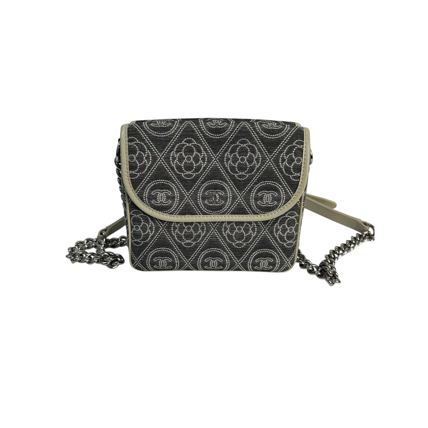 Chanel Camellia Double Side Flap Bag Quilted Printed Canvas Small Gray pre-owned