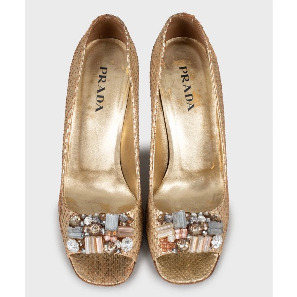 Prada Gold Snakeskin Print Lambskin Wedge Sandals Sz. 39 pre-owned