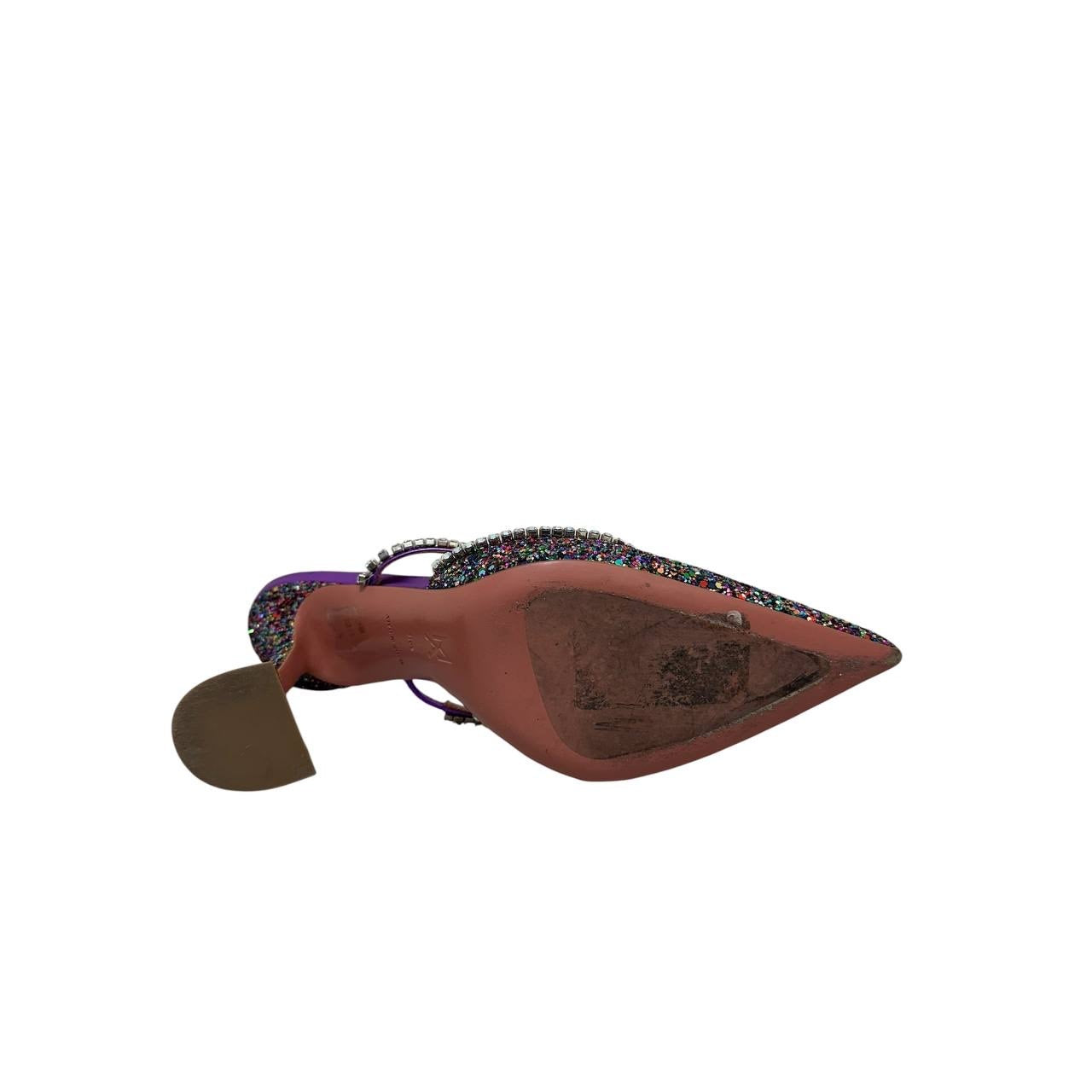 Amina Muaddi Gilda Multicolor Glitter Leather Mules Sz 39.5