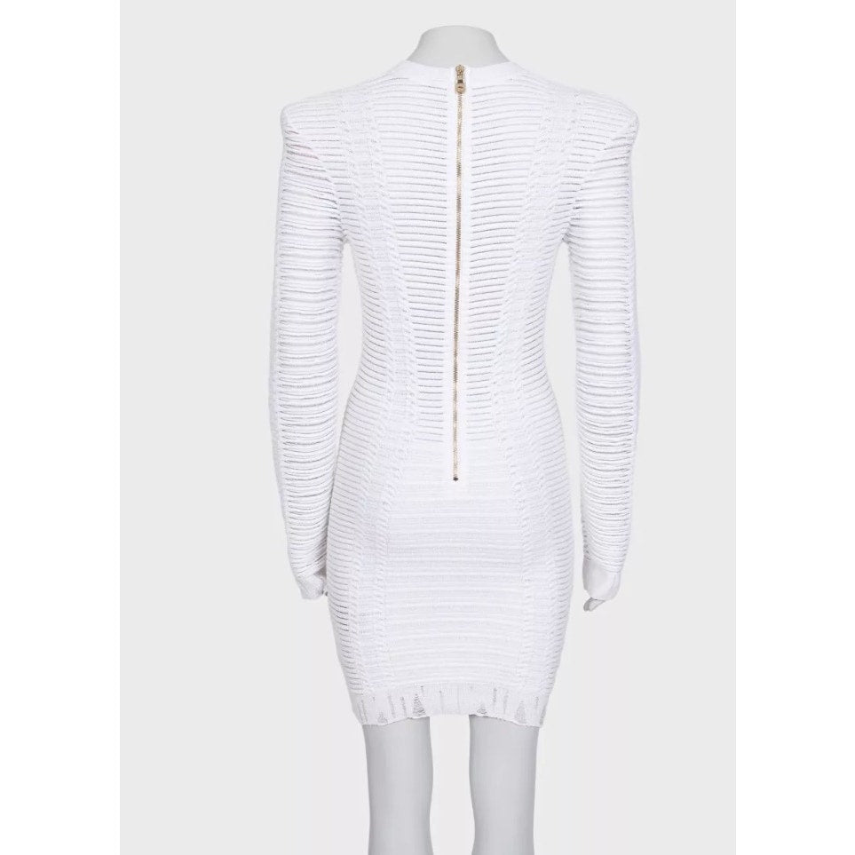 Balmain White Perforated Knit Bodycon Dress Gold Zip Size 36/ S Pre-owned