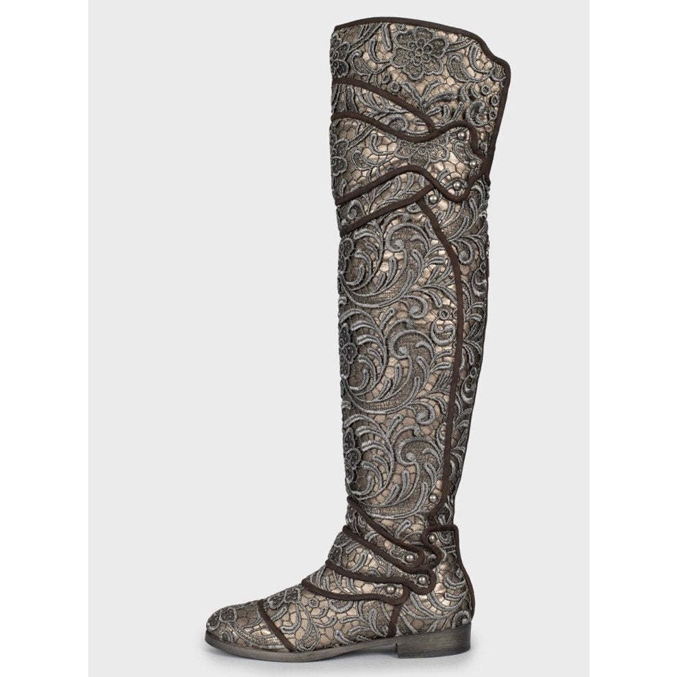 Dolce & Gabbana Gray Lace-Embellished Leather Over-the-Knee Boots Sz.39 Pre-owned