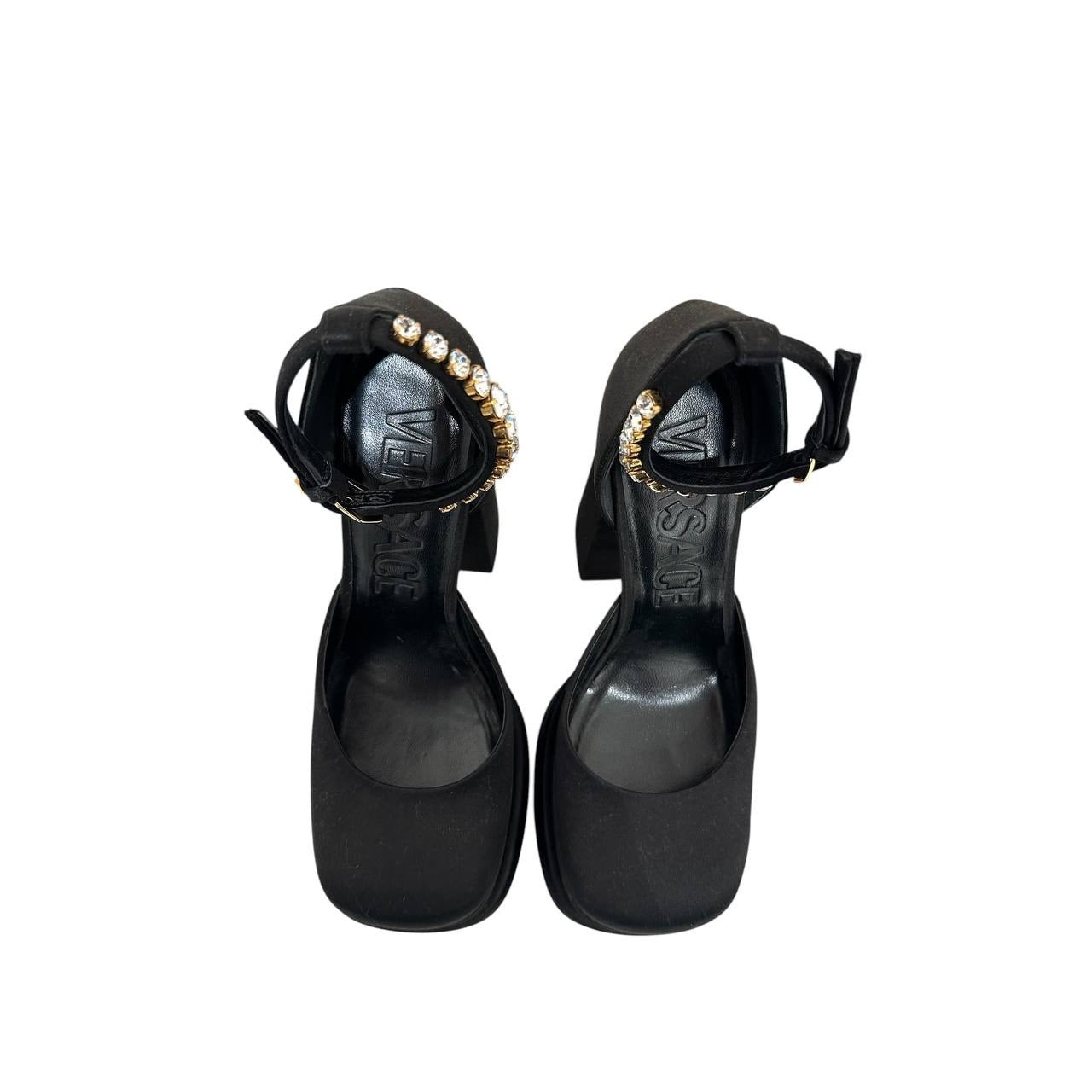 Versace La Medusa Crystal Satin Block Heel Pumps Sz 38 pre-owned