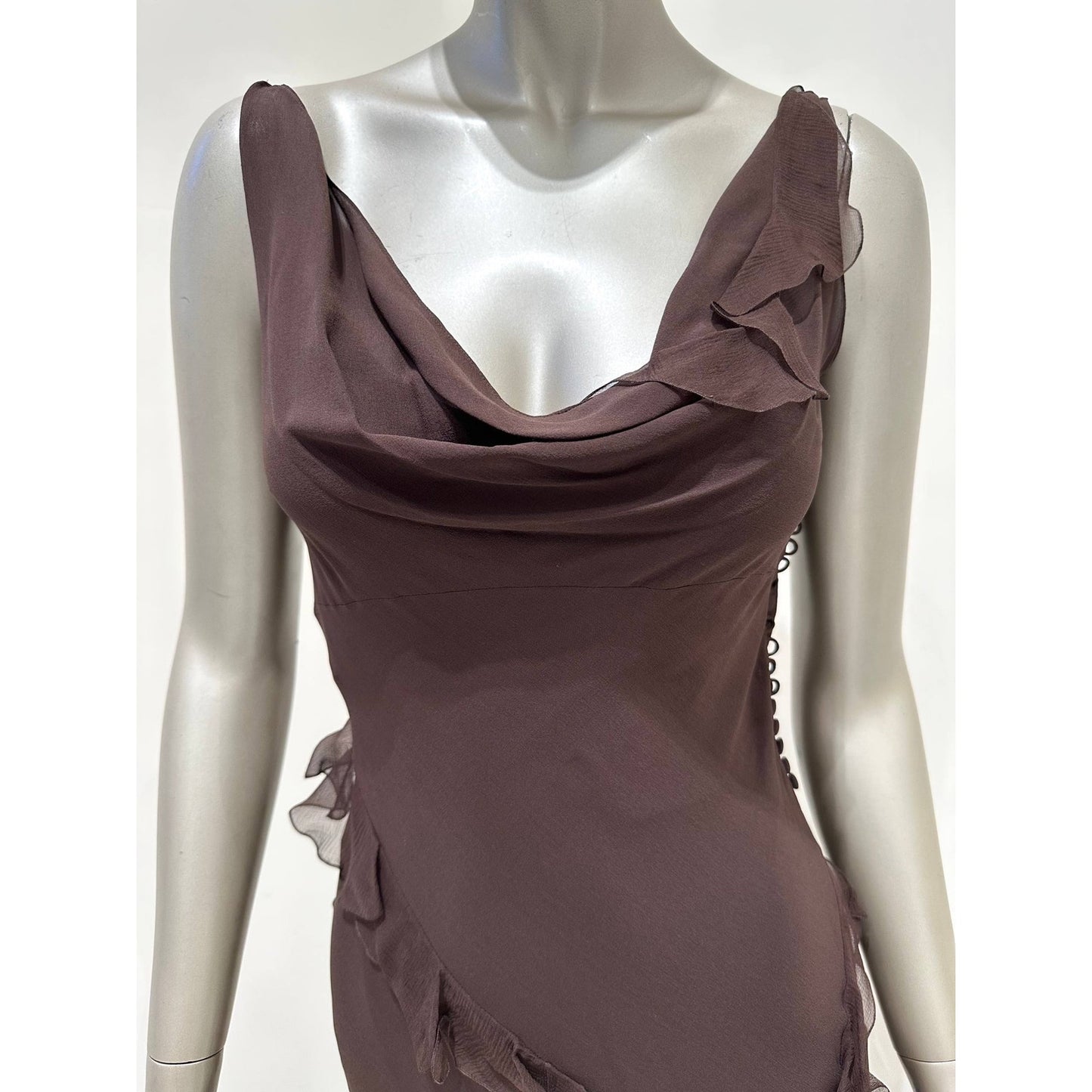 Dior by Galliano 2005 Brown Silk Ruffle Evening Dress Sz.36 Pre-owned