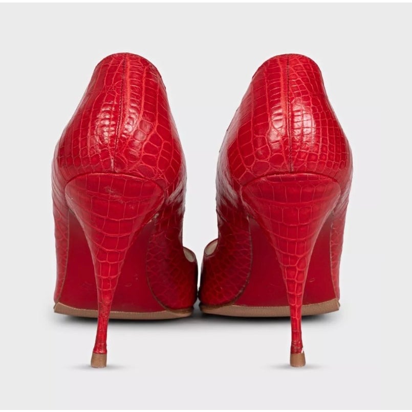 Christian Louboutin Red Embossed Leather Open Toe Heels Sz.39,5 Pre-owned