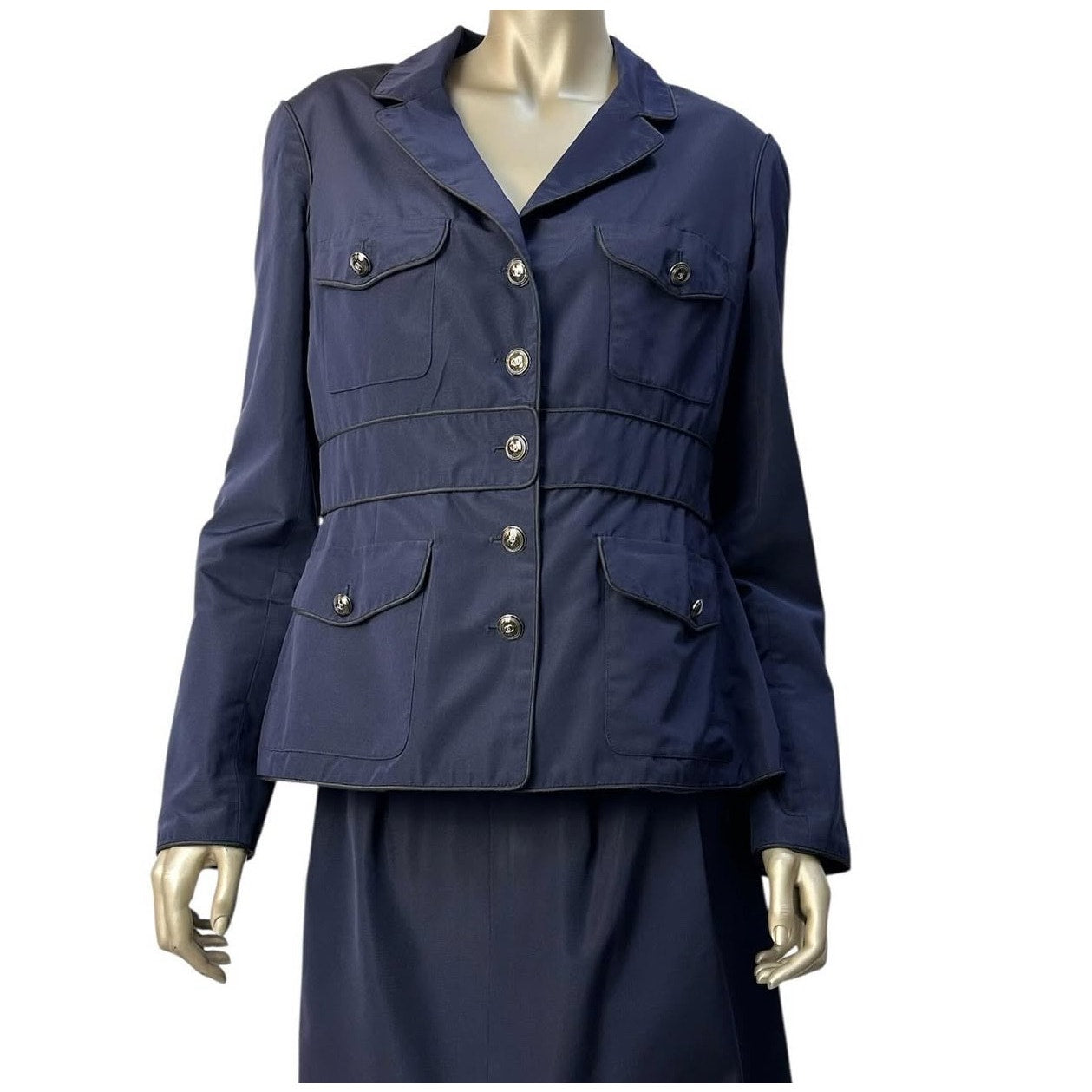 Chanel Vintage 2007 Blue Silk Logo Jacket Skirt Suit Set Sz.44 Pre-owned