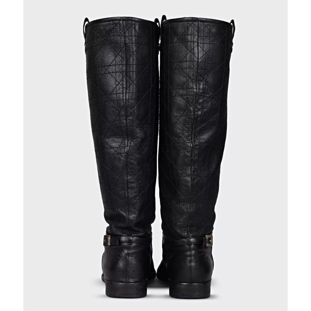 Chic Christian Dior Quilted Flat Boots - Black Leather EU 37.5 pre-owned
