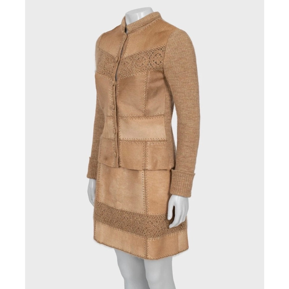 Escada Vintage Brown Suit Skirt Jacket Leather Trim S EU 36 Pre-owned