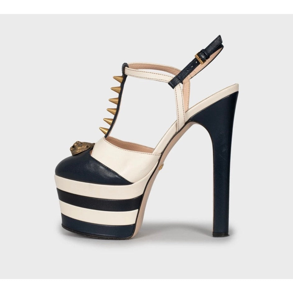 Gucci Blue Leather Block Heels with Gold Studs, Size 36 pre-owned