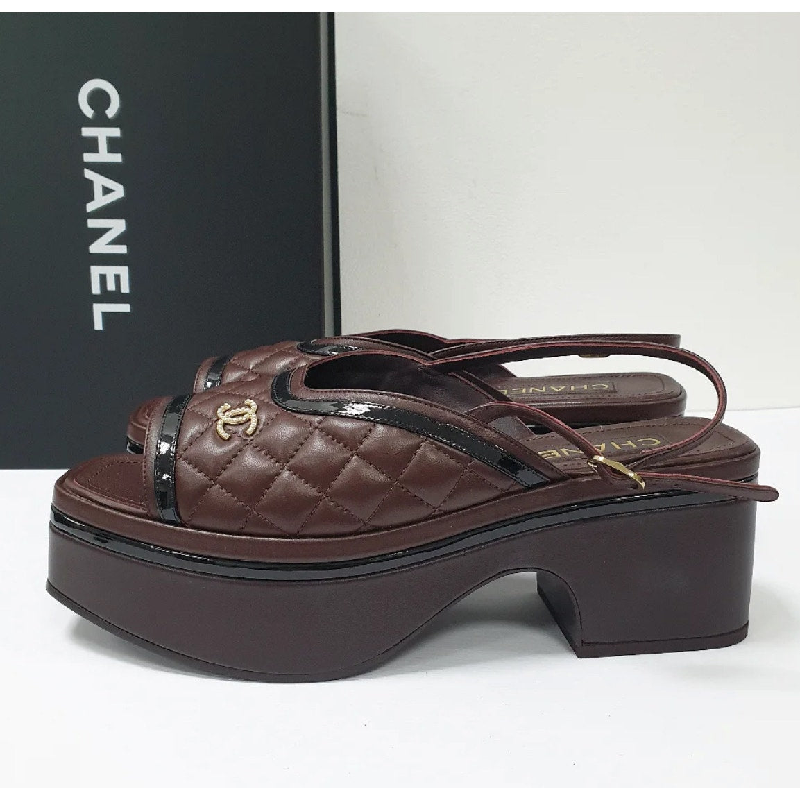 Chanel Burgundy Quilted Platform Slingback Sandals 40.5 Pre-owned
