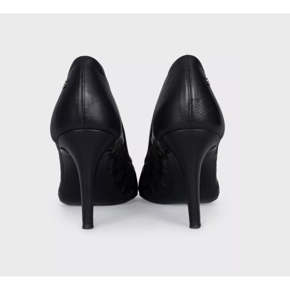 Chanel Black Leather Perforated Mesh Block Heel Pumps Sz.39.5 Pre-owned