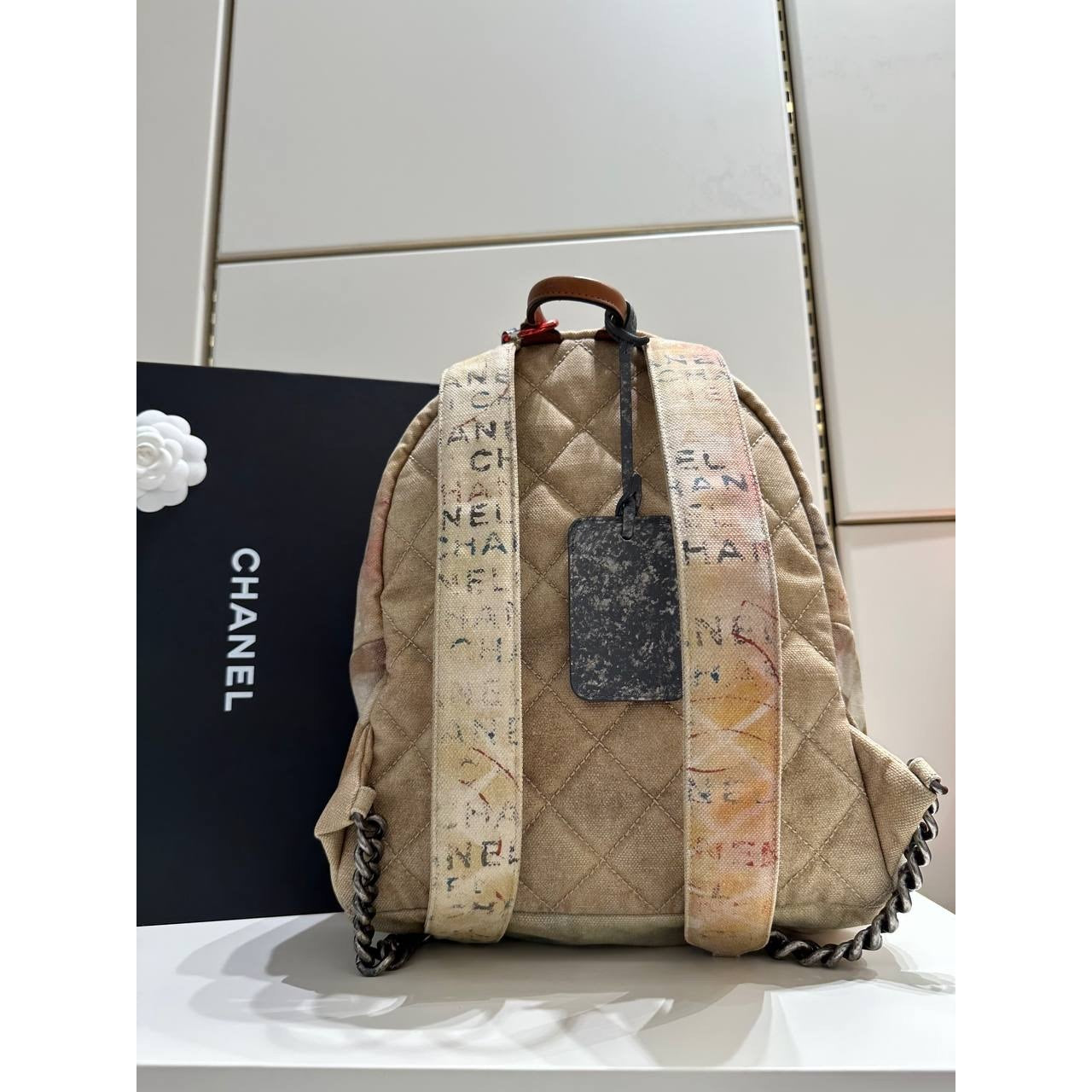 Chanel Graffiti Canvas & Leather Backpack Beige Pre-owned
