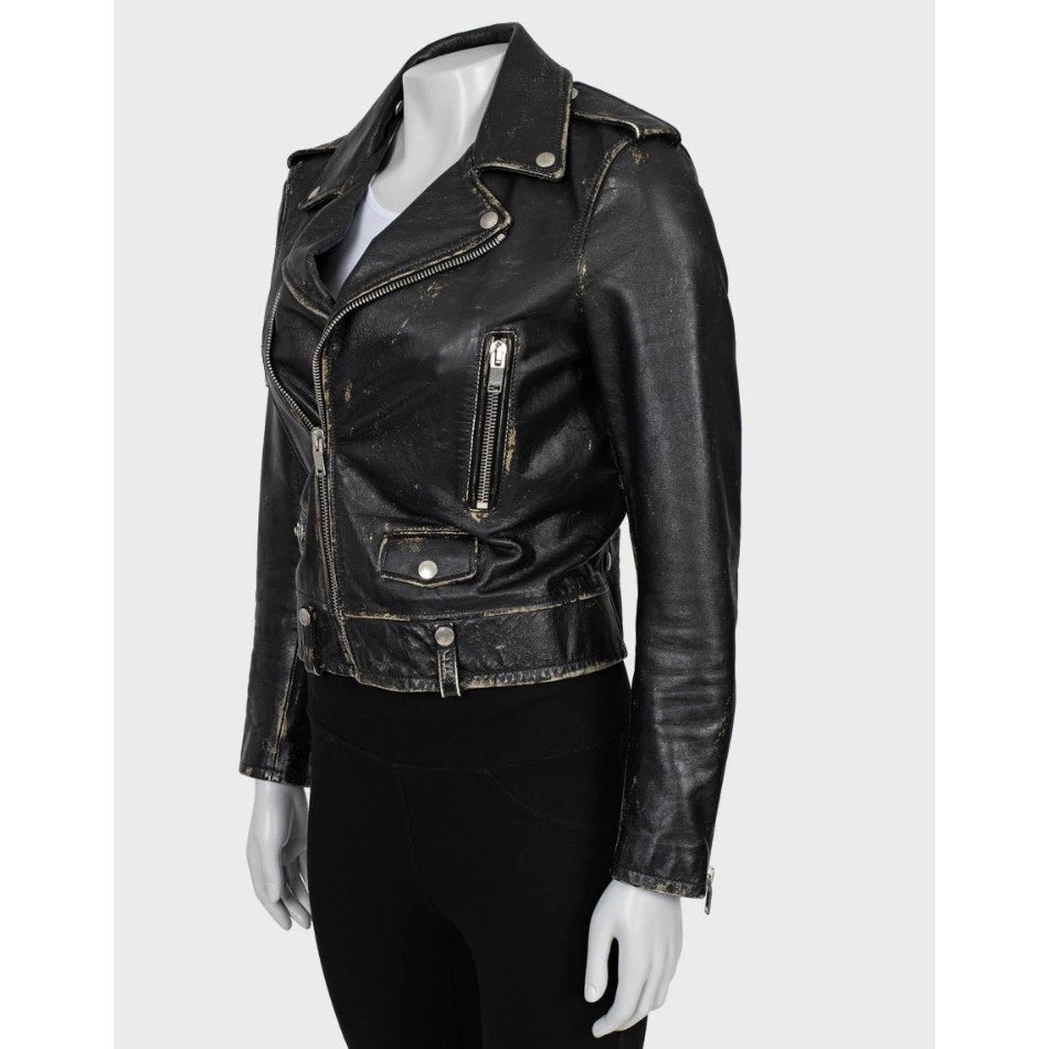 Saint Laurent Distressed Black Leather Jacket - Size 38/M Pre-owned