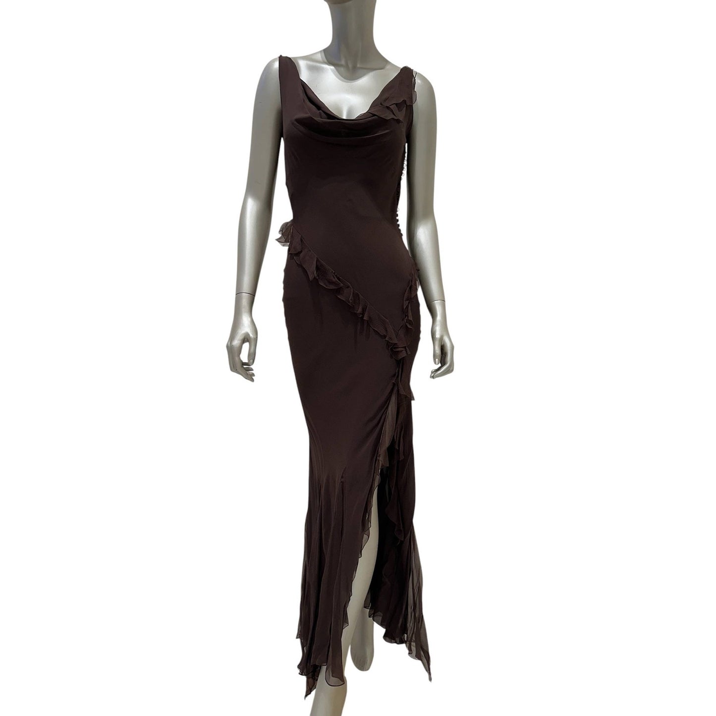 Dior by Galliano 2005 Brown Silk Ruffle Evening Dress Sz.36 Pre-owned