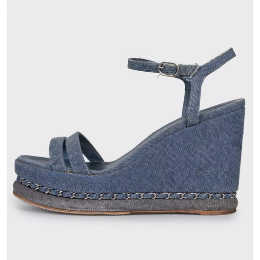 Chanel Blue Denim Wedge Sandals, Size 39.5 pre-owned
