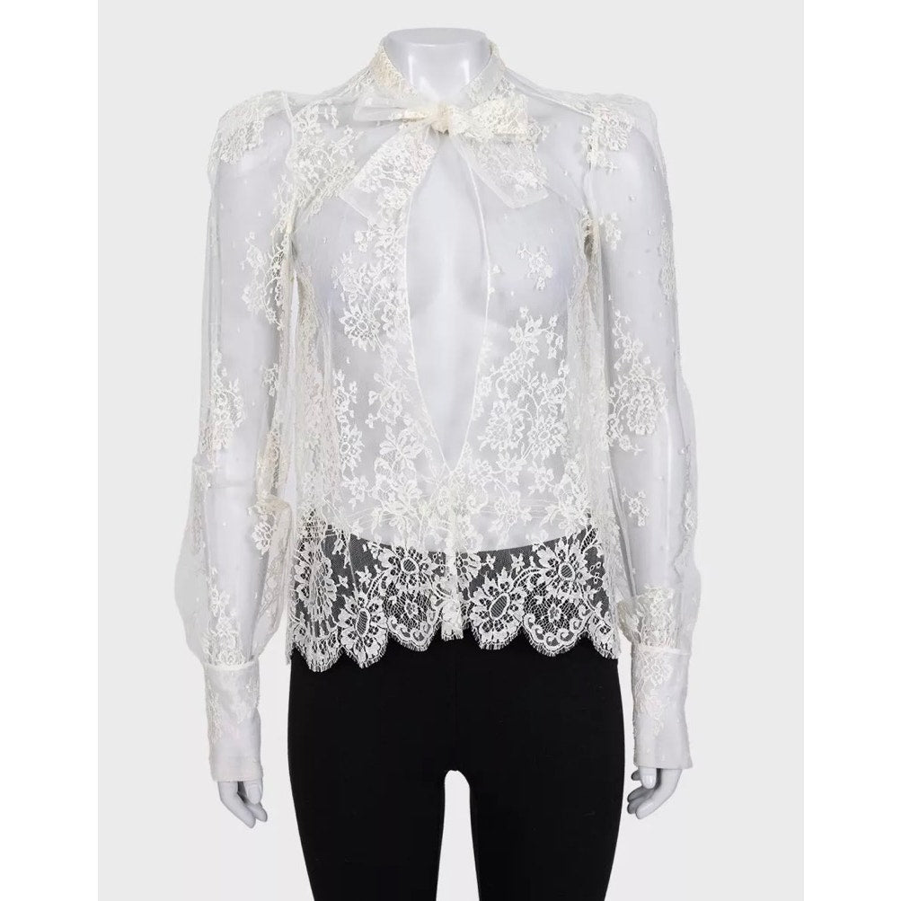 Christian Dior Vintage White Sheer Tie Neck Blouse Long Sleeve S Pre-owned