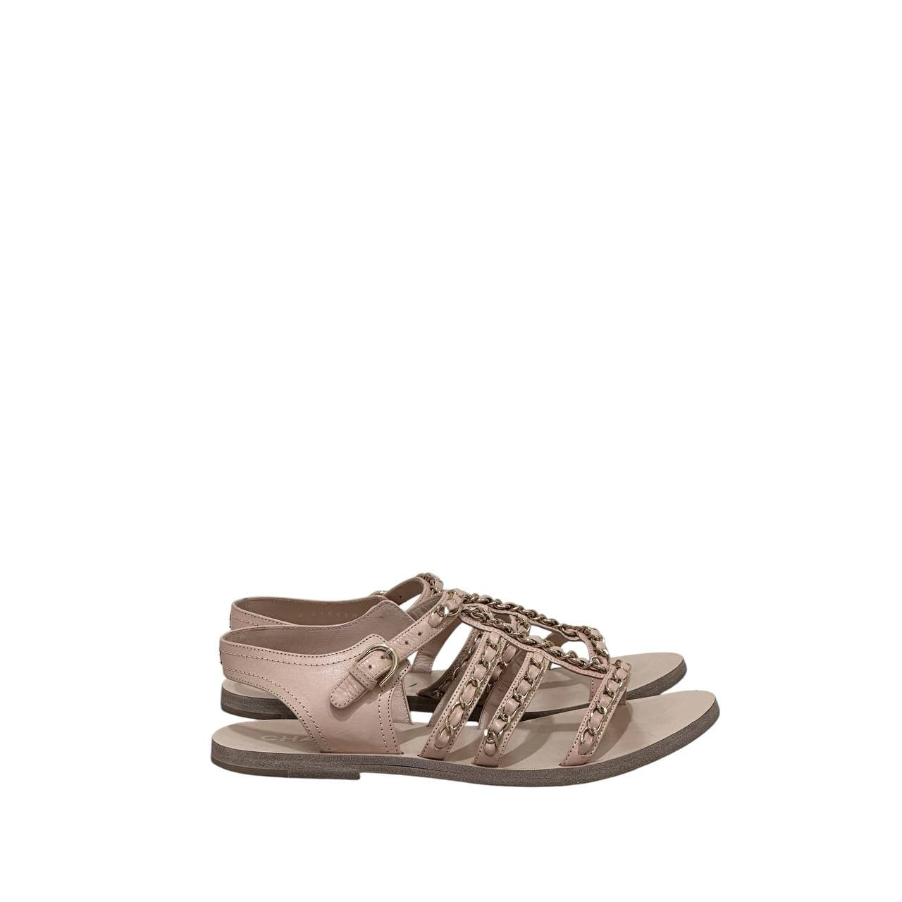 Chanel Nude Leather Gladiator Chain Sandals EU 37.5 Pre-owned