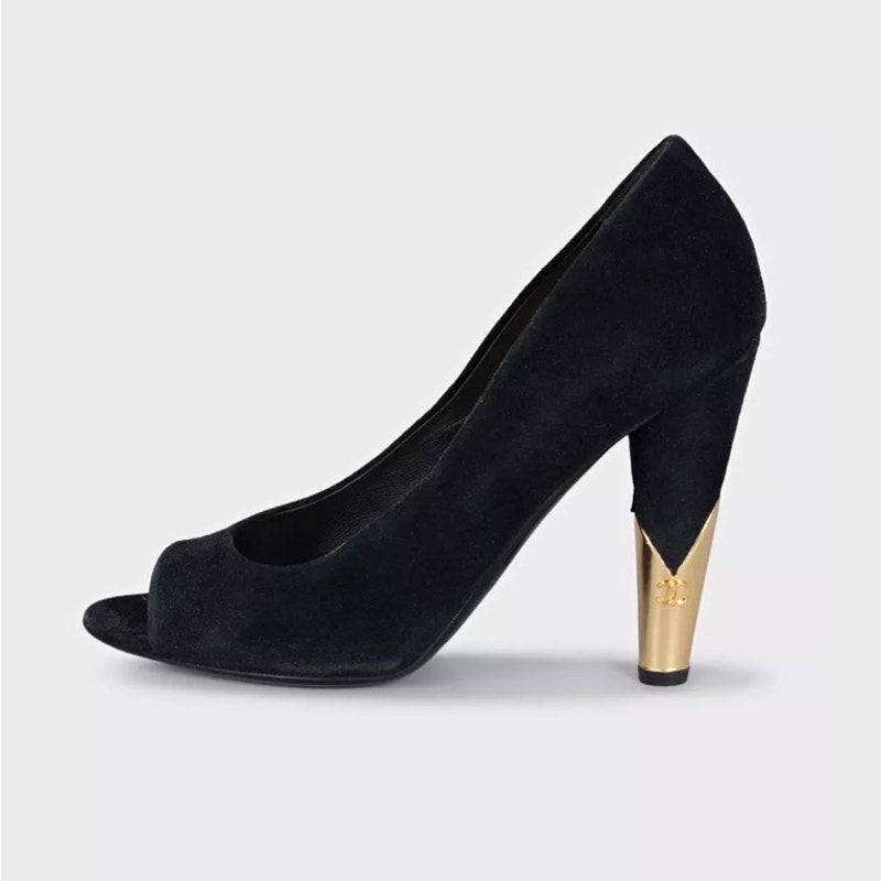 Chanel Black Suede Gold Accent Open Toe Pumps Sz 40 Pre-owned