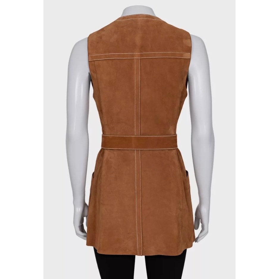 Prada Brown Lambskin Long Vest with Belt - IT40 / S  pre-owned