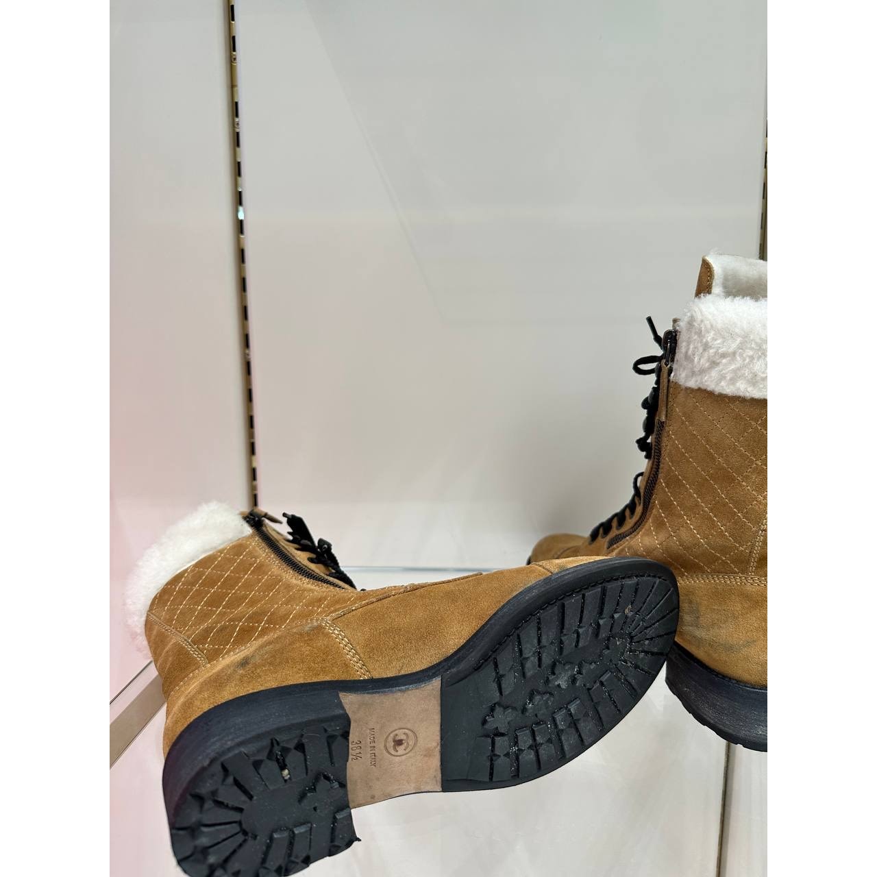 CHANEL 2012 Brown Suede Mid-Calf Combat Boots Size 38.5 pre-owned